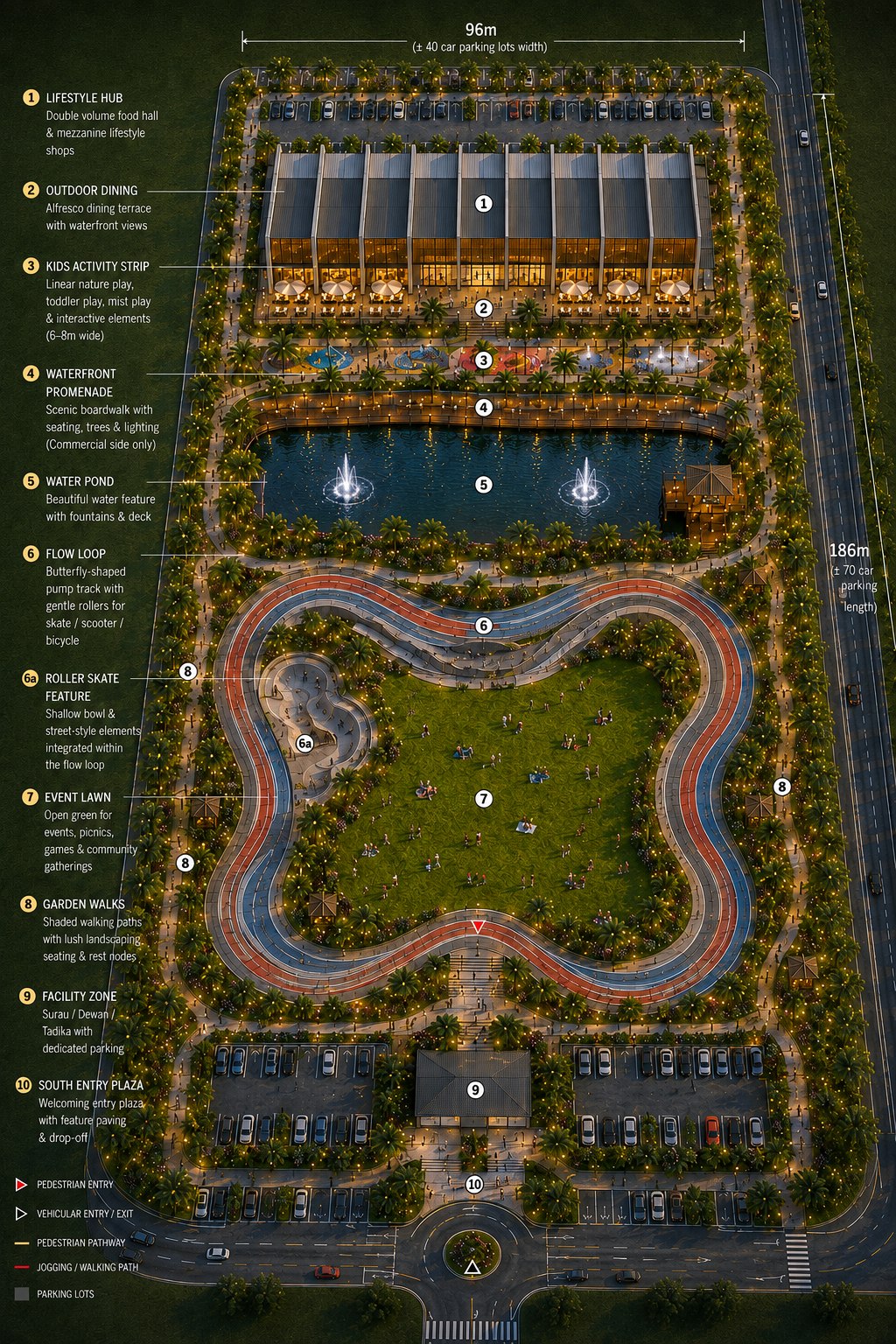 Central Park amenities plan showing the lifestyle hub, outdoor dining, kids activity strip, waterfront promenade, water pond, flow loop, event lawn, garden walks, and facility zone