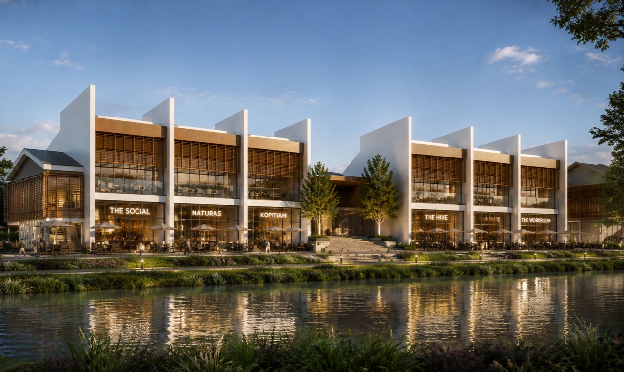 Dusk view of the Aman Sierra lifestyle hub across the water
