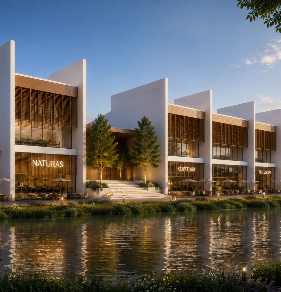 Aman Sierra lifestyle hub food hall and mezzanine shops at dusk