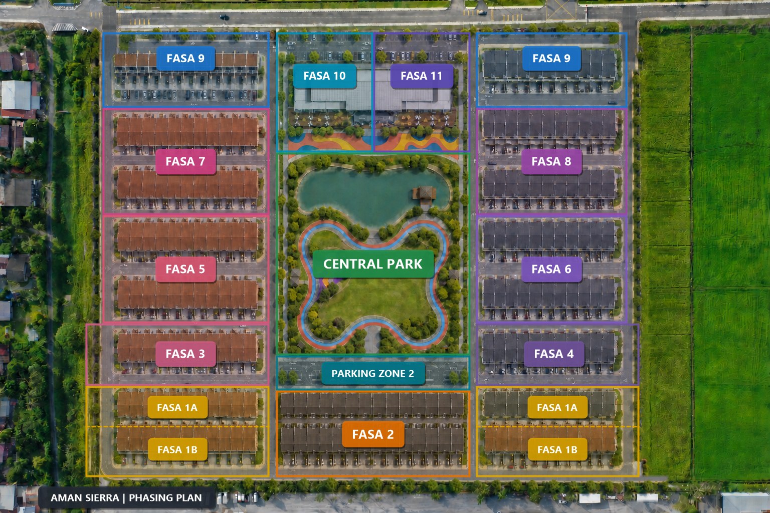 Aman Sierra phasing plan showing all phases (Fasa 1 to 11) laid out around the Central Park